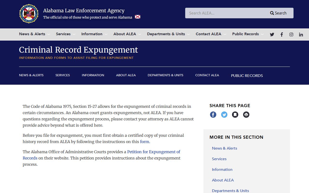 Fayette County booking record expungement guidance from ALEA