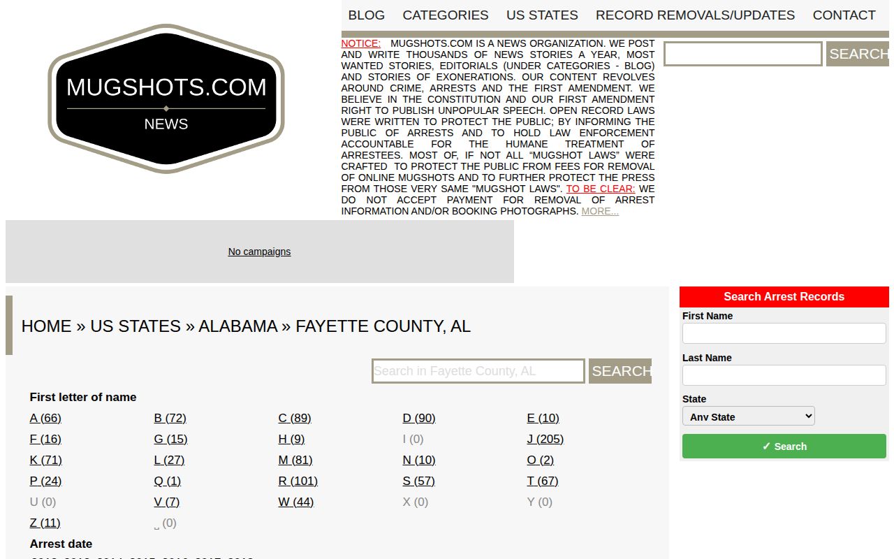 Unofficial Fayette County mugshot news archive interface