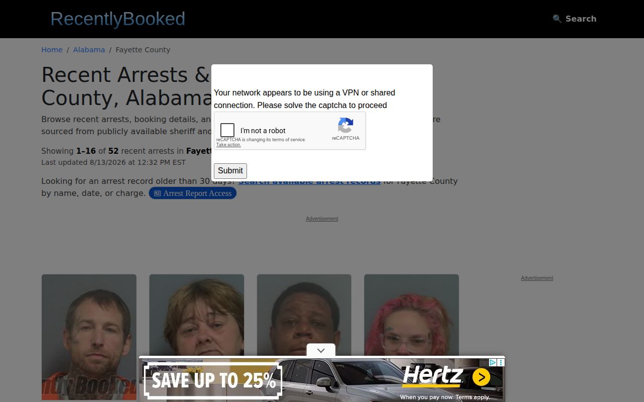 Unofficial Fayette County recent booking page for source comparison