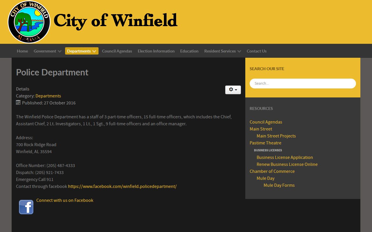 Winfield Police Department official arrest-record page for Fayette County booking inquiries